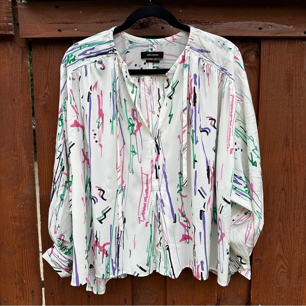 Isabel Marant White Blouse with Pink, Green, Purple and Black Abstract Print
